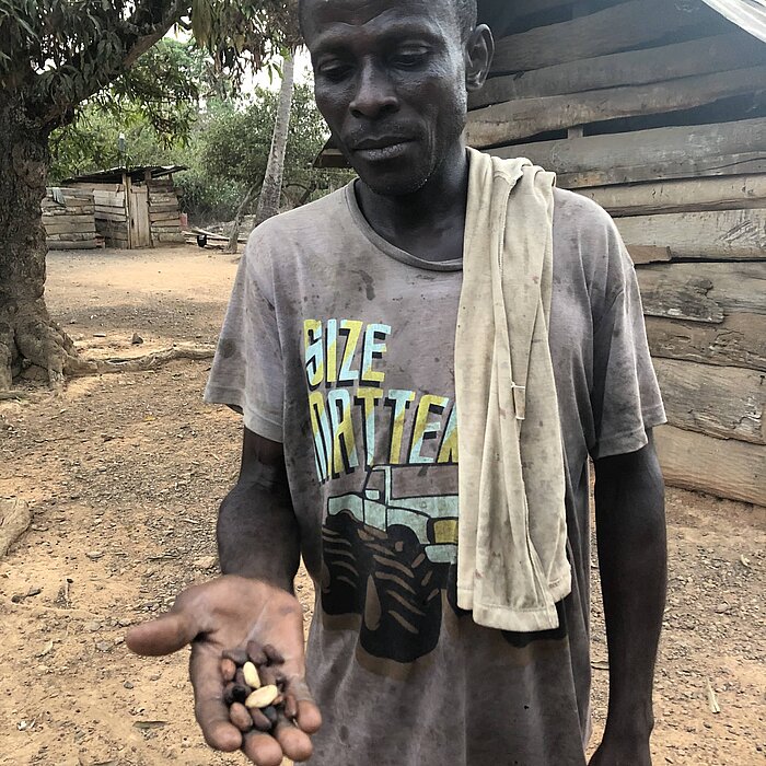 Das Bild zeigt einen ghanaischen Bauern, der Saatgut in der Hand hält.